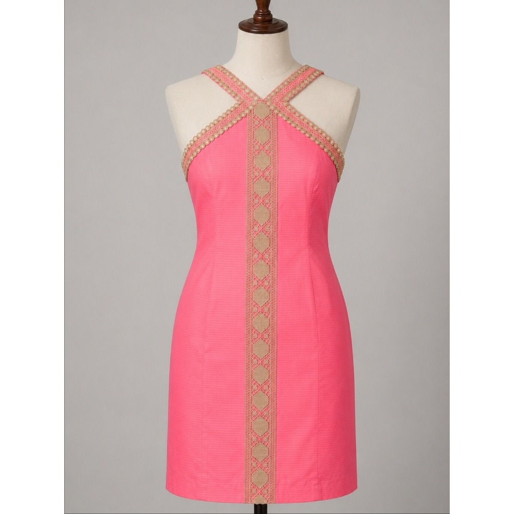 Lilly Pulitzer Dress 6 Pink Embroidered Sleeveless V-Neck Vena‎ Sheath Summer